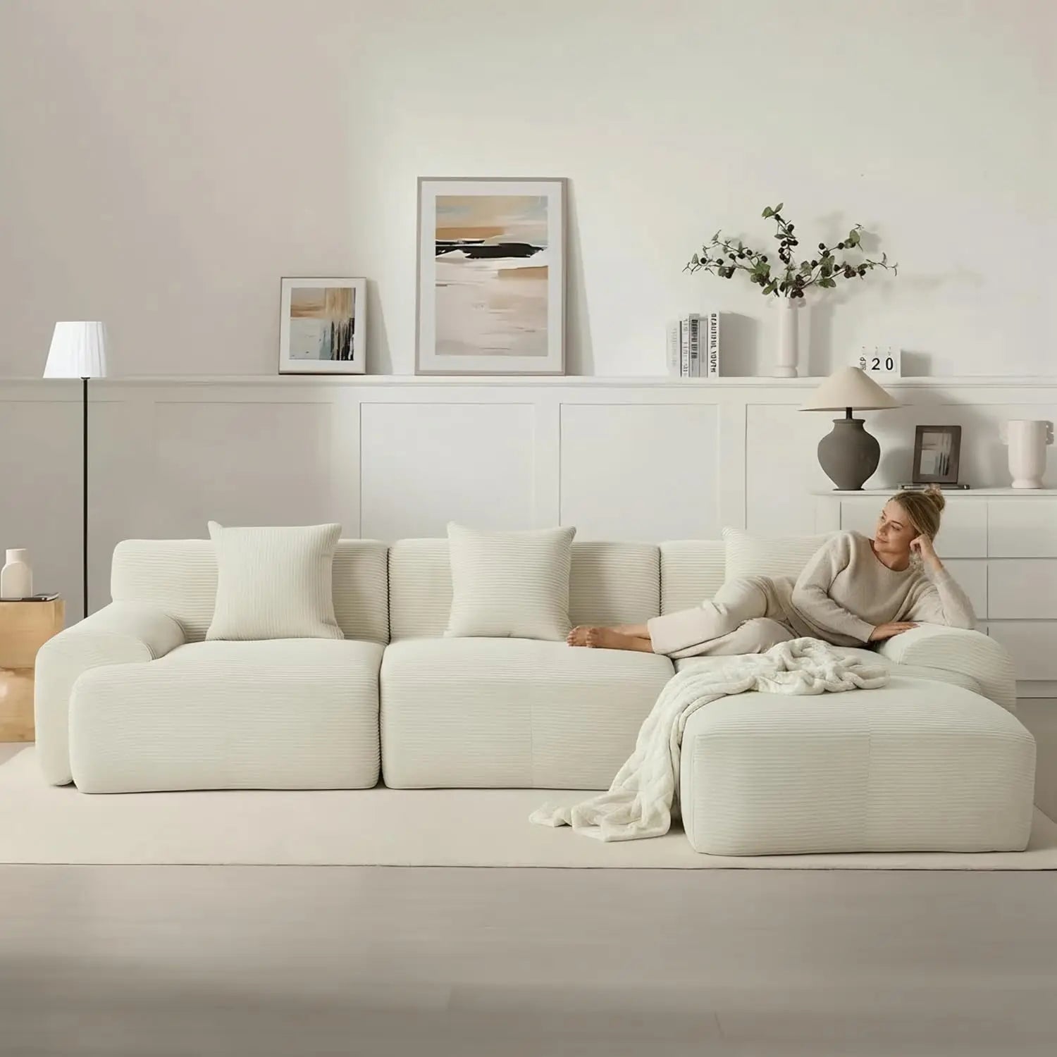 120" Boneless Cloud Modular Sectional Sofa, L-Shape Upholstered Cozy Corduroy