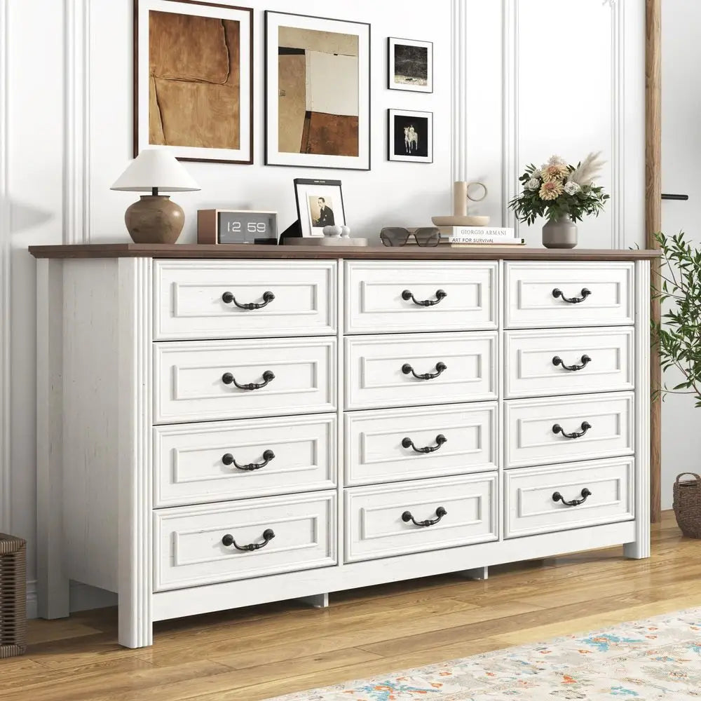 Farmhouse 12-Drawer 63IN Wood Chest of Drawers, Rustic Handles