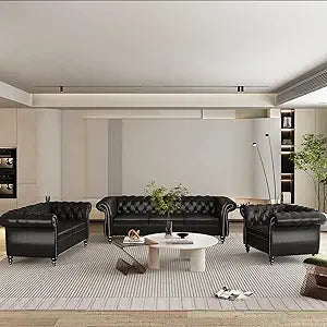 3-Piece Set, Velvet Chesterfield Sofa, Loveseat, Chair with Scroll Arms