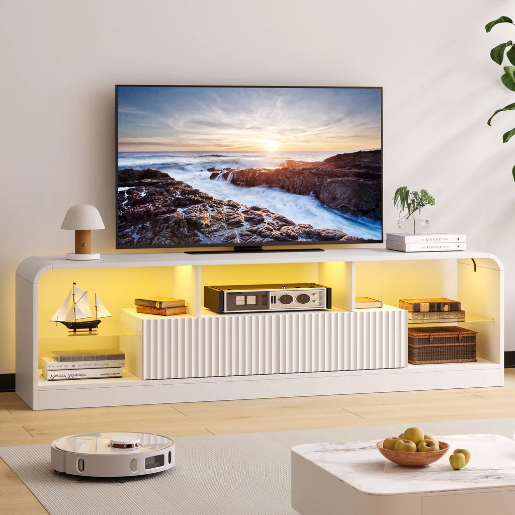 For 60/65/70-Inch TVs, Modern Curved TV Console LED Lights, 2 Drawers & Glass Shelves