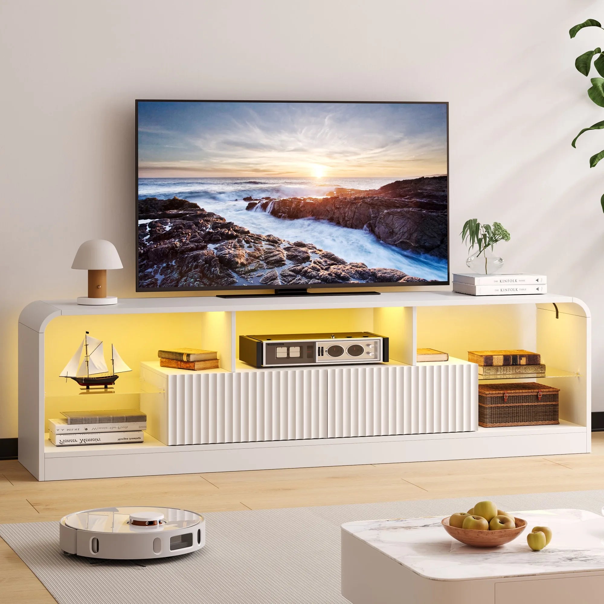 For 60/65/70-Inch TVs, Modern Curved TV Console LED Lights, 2 Drawers & Glass Shelves
