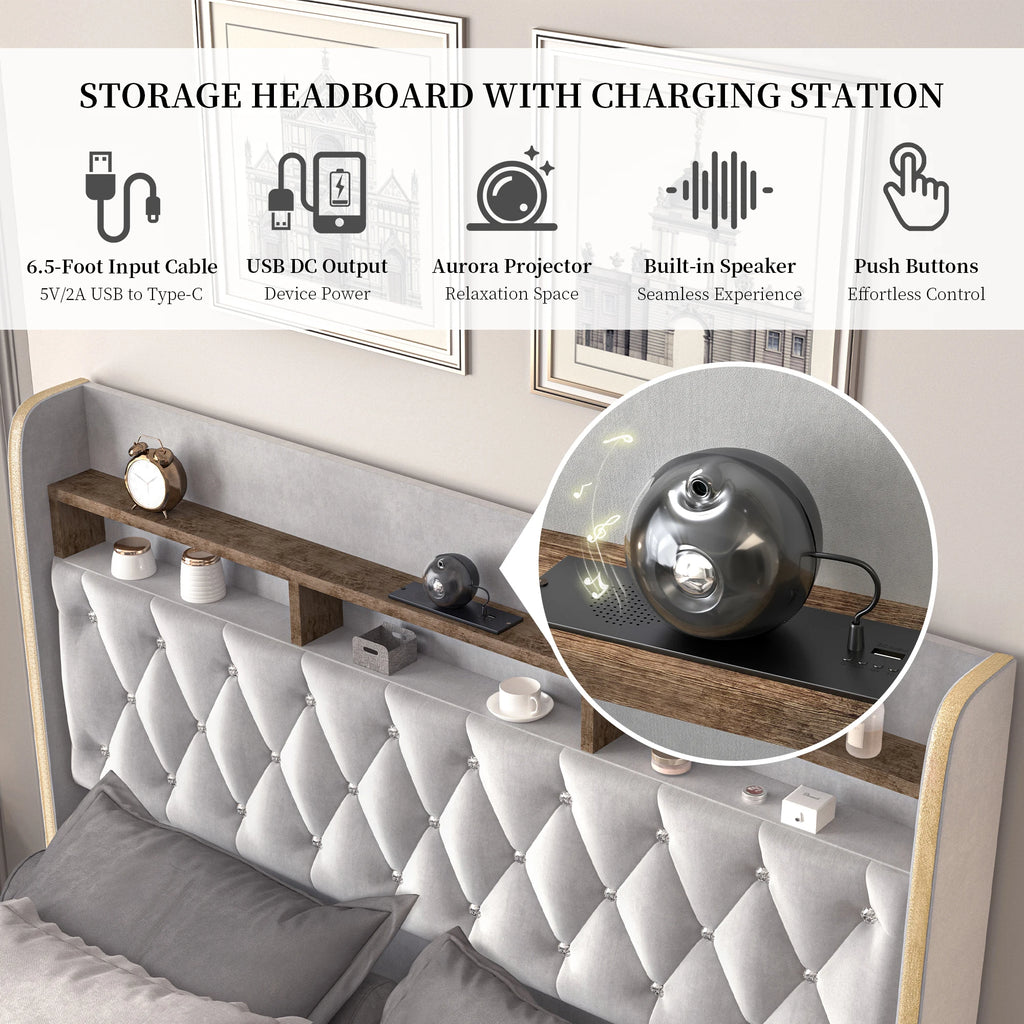 LED Bed Frame, Storage, Star Projector, Charging Station, 2-Tier Headboard, PU Leather Bed