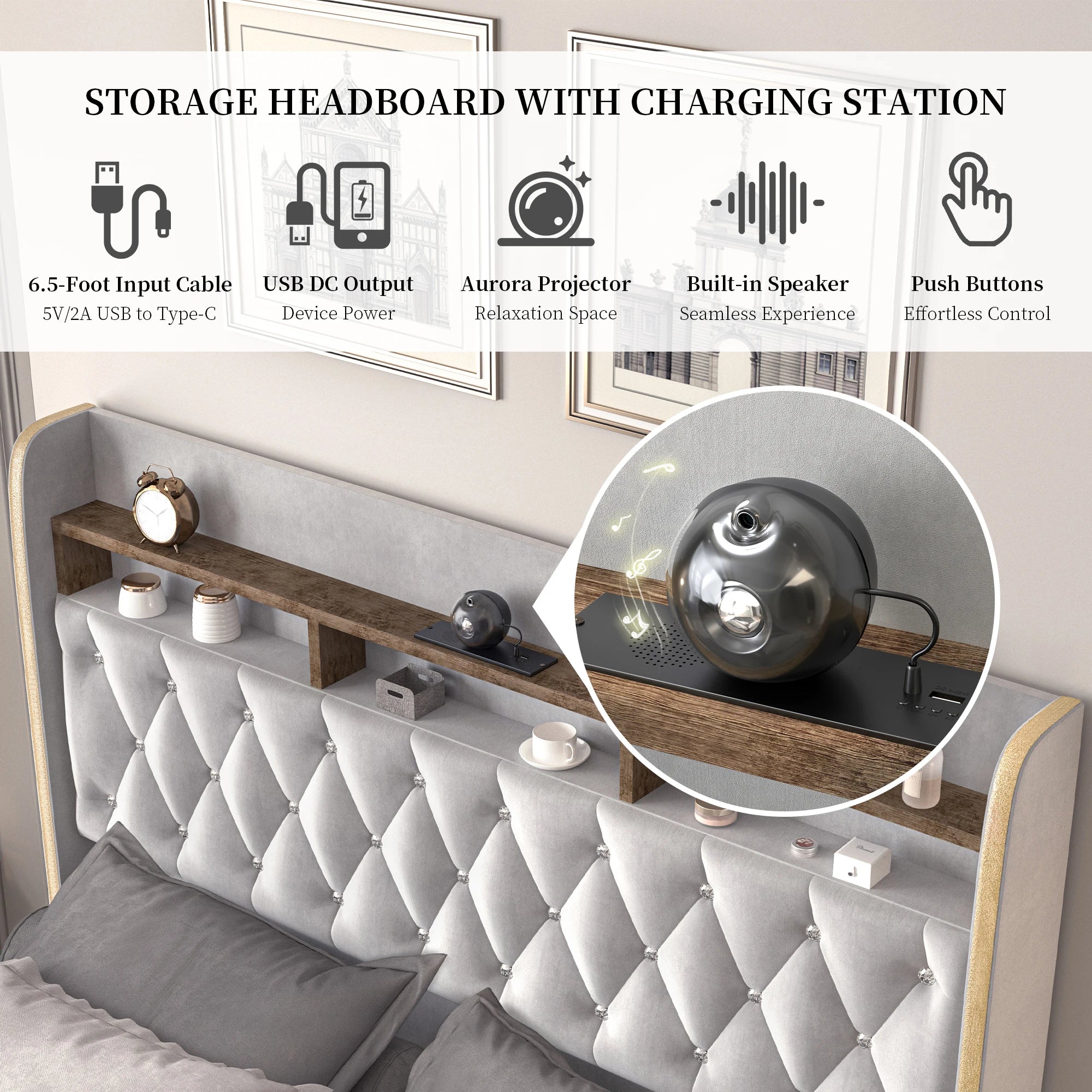 LED Bed Frame, Storage, Star Projector, Charging Station, 2-Tier Headboard, PU Leather Bed