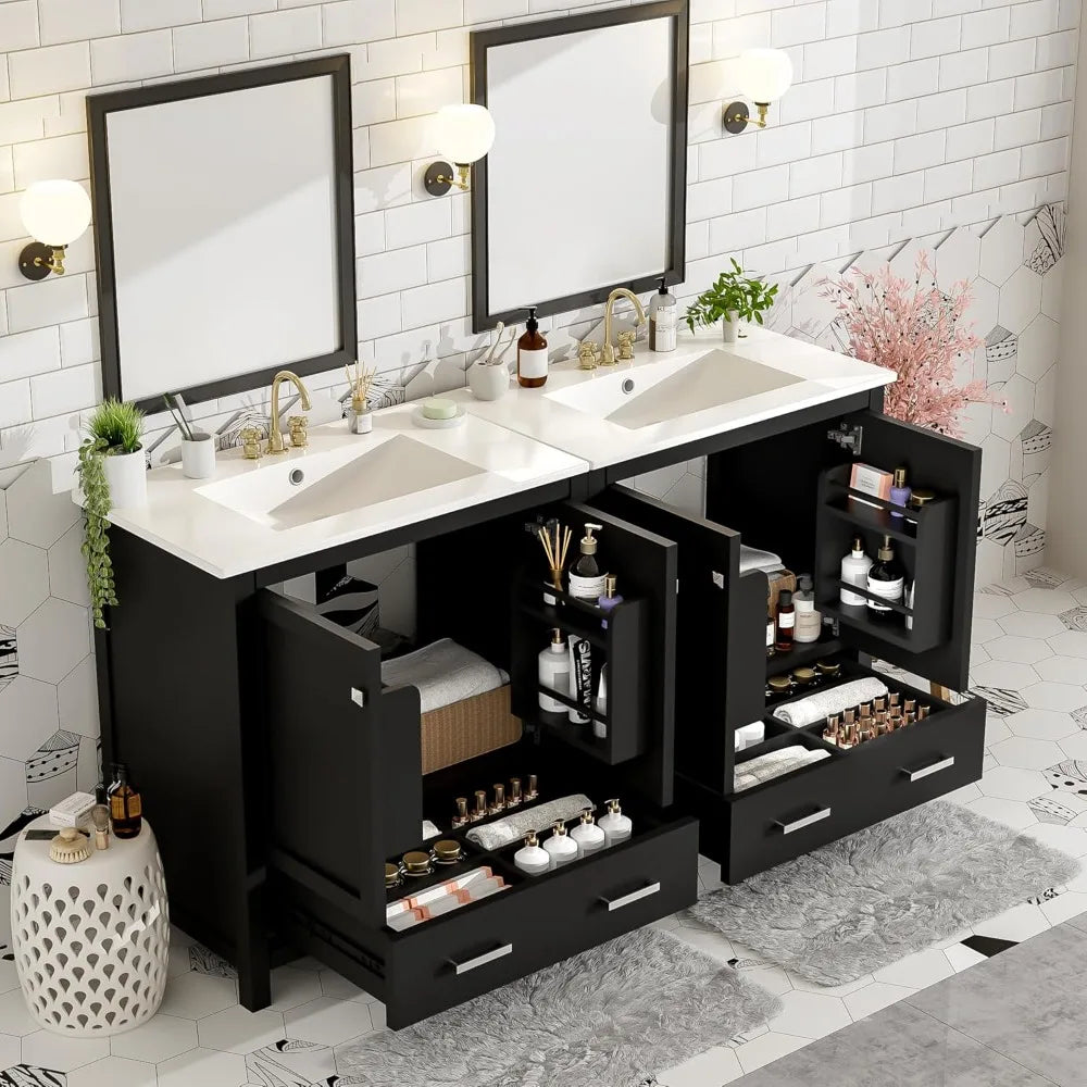 60" Separate 30" Double Sink Solid Wood 2 Cabinets 2 Drawers