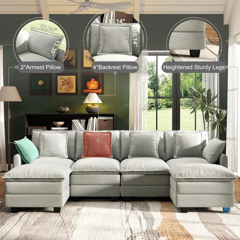 107IN U-Shaped Modular Sectional, Deep 4 Seater, 6 Washable Pillows, 2 Ottoman
