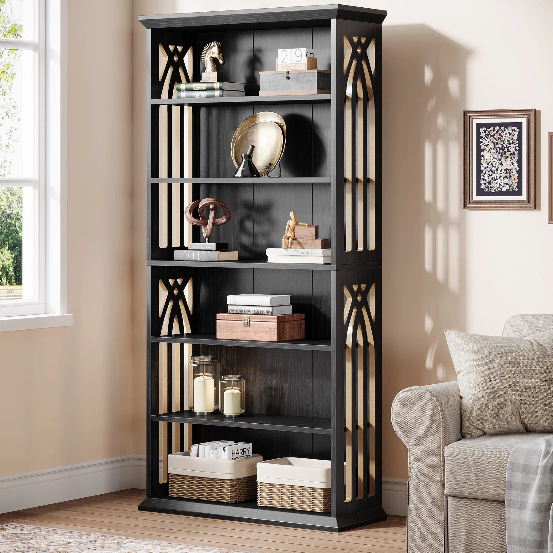 6-Tier 75-Inch Tall Bookcase, Large Freestanding Wood Display Shelves