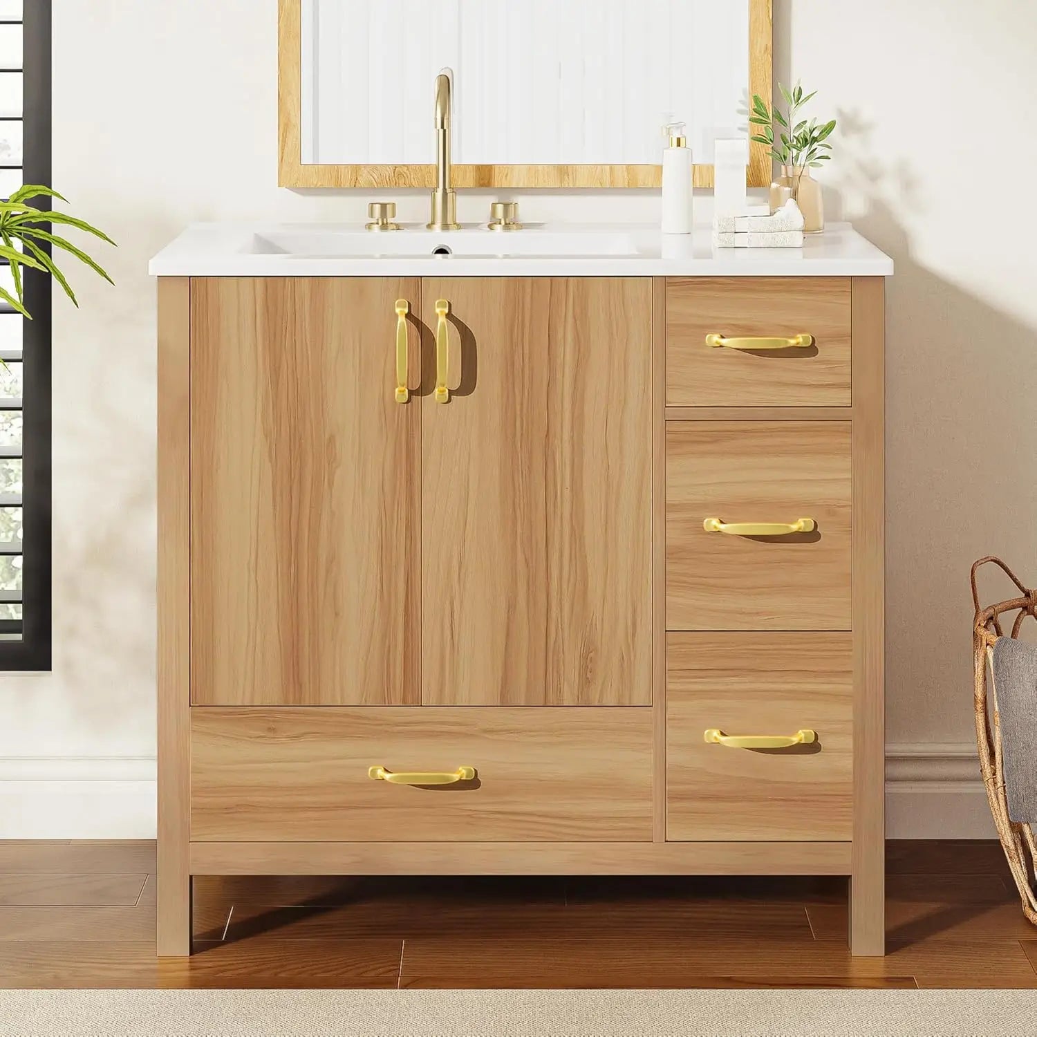 36in Wood Bathroom Vanity/Sink, 3 Drawer Storage Adjustable Shelf.