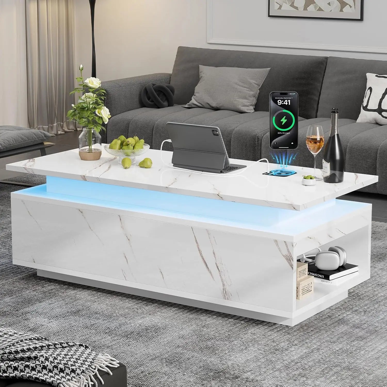 47" LED Coffee Table Lift Top Hidden Storage High Gloss