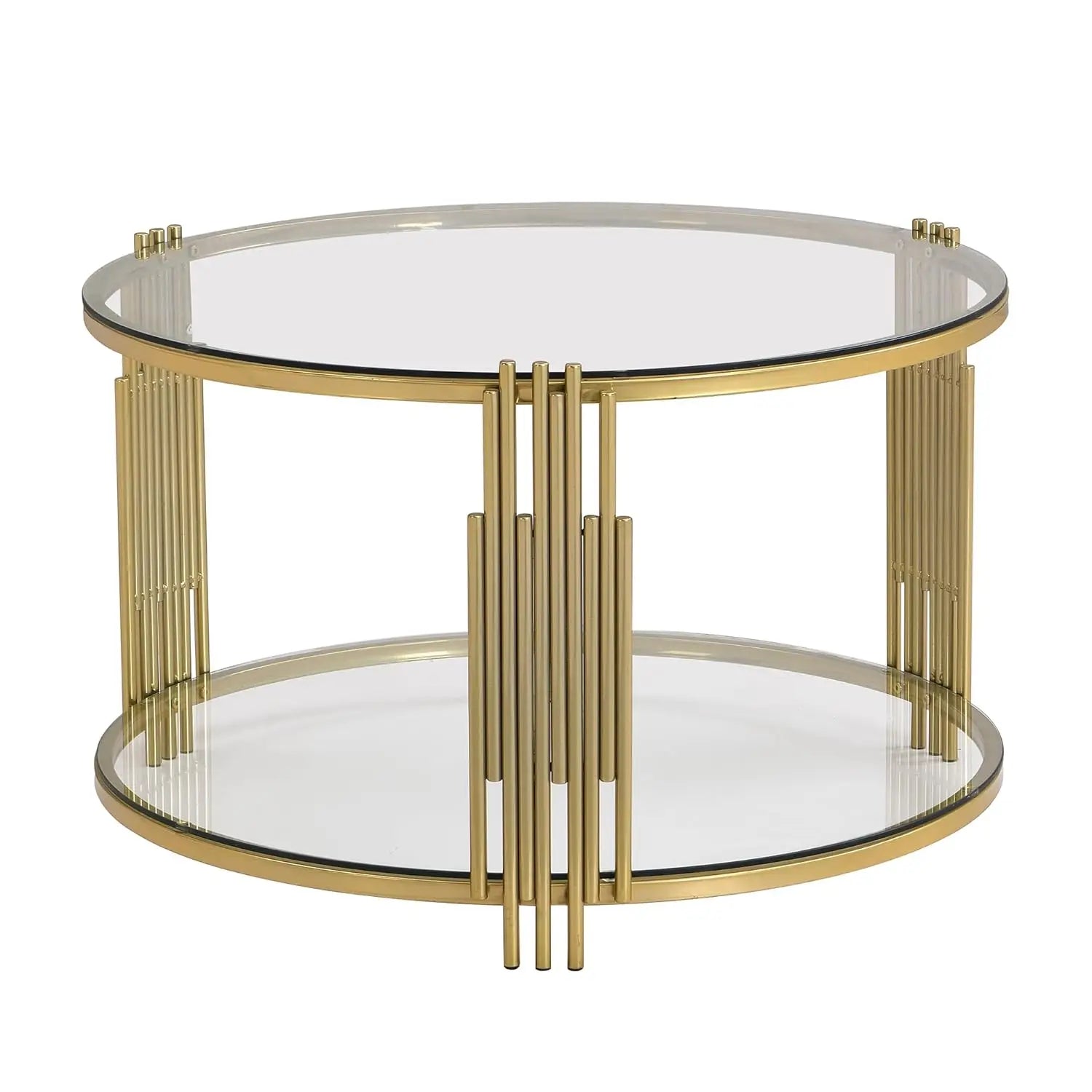 2-Tier Black, Brown or Clear Glass Coffee Table Gold Stainless Steel Base