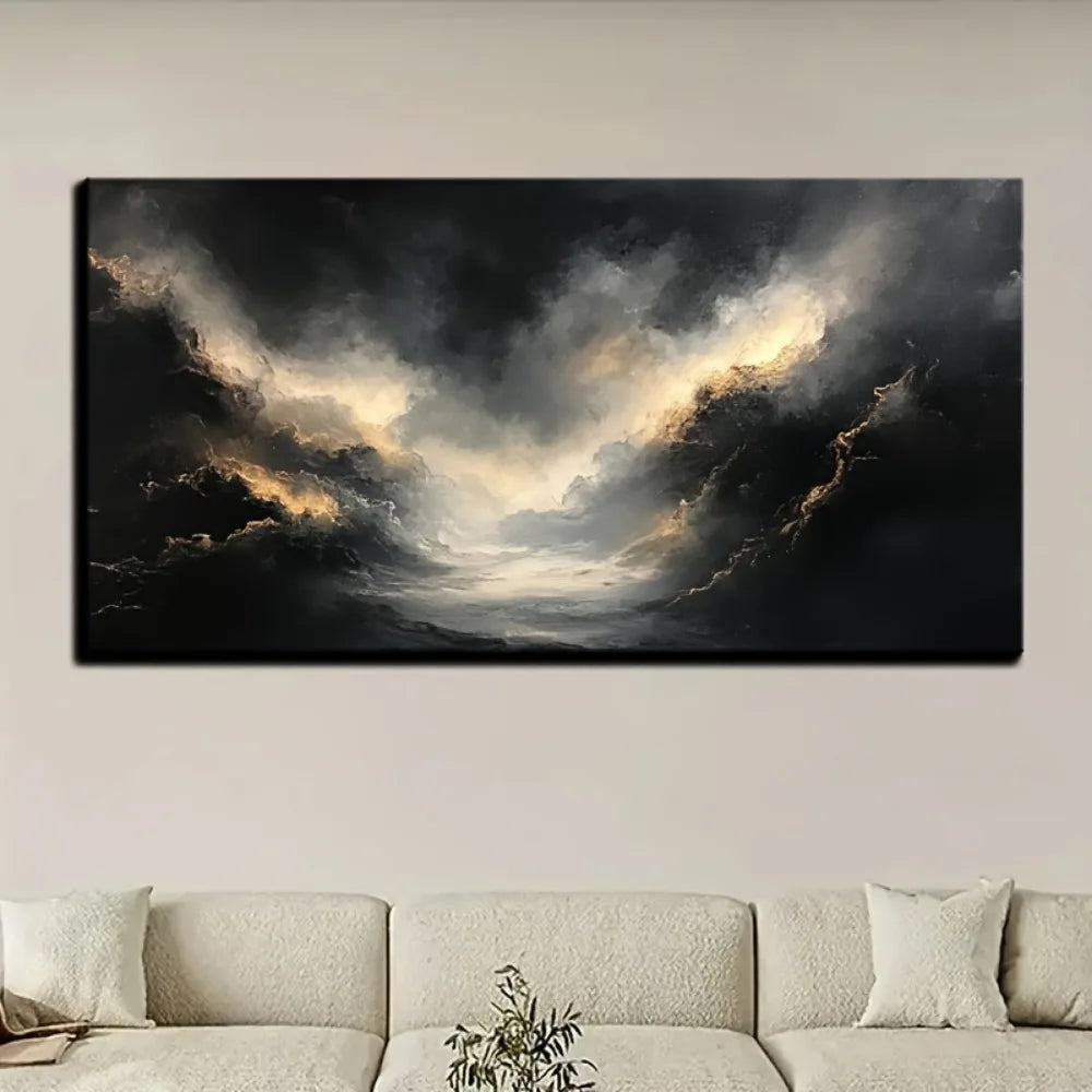 Abstract black gold oil painting, interior painting, 1.5IN thick pine frame