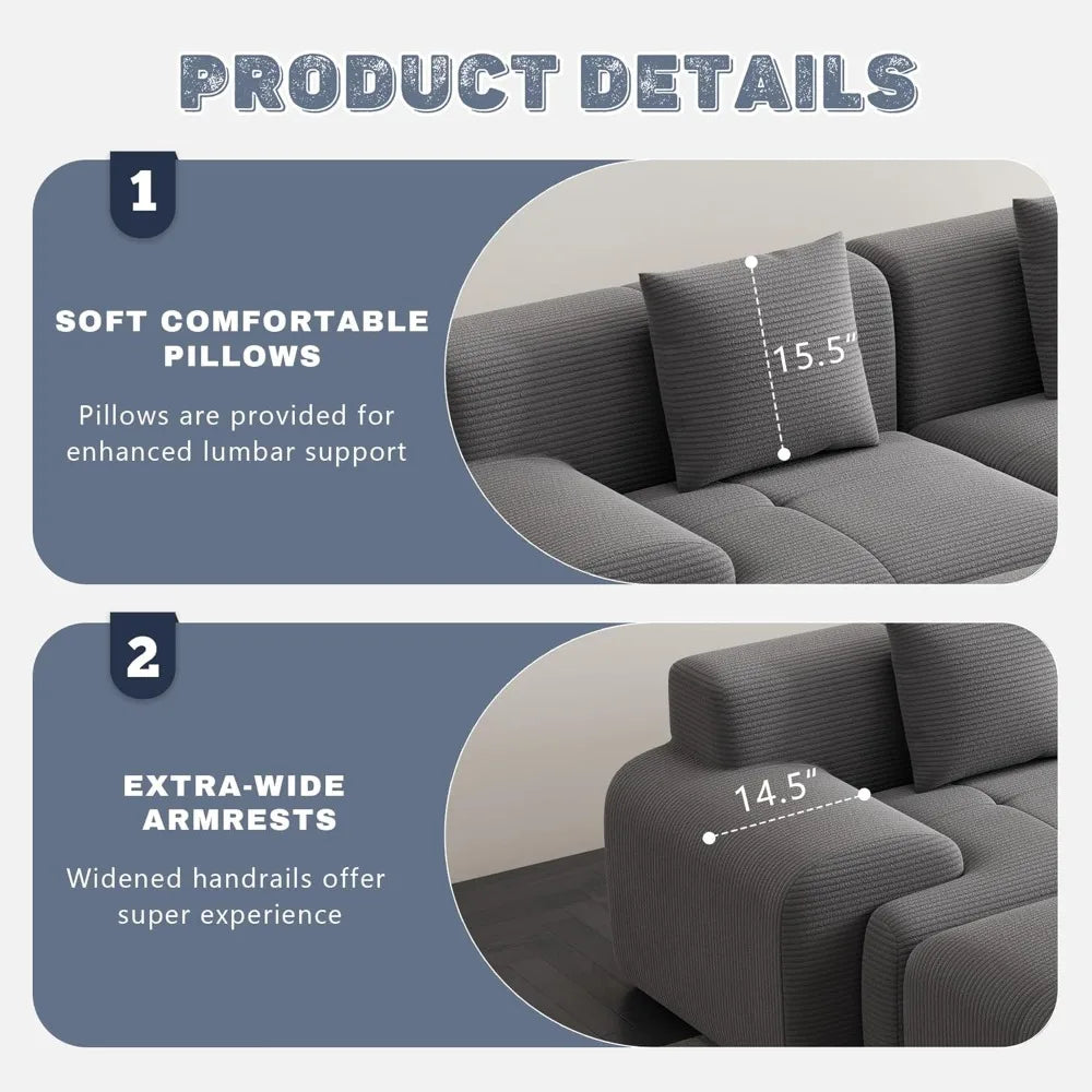 120" Boneless Cloud Modular Sectional Sofa, L-Shape Upholstered Cozy Corduroy