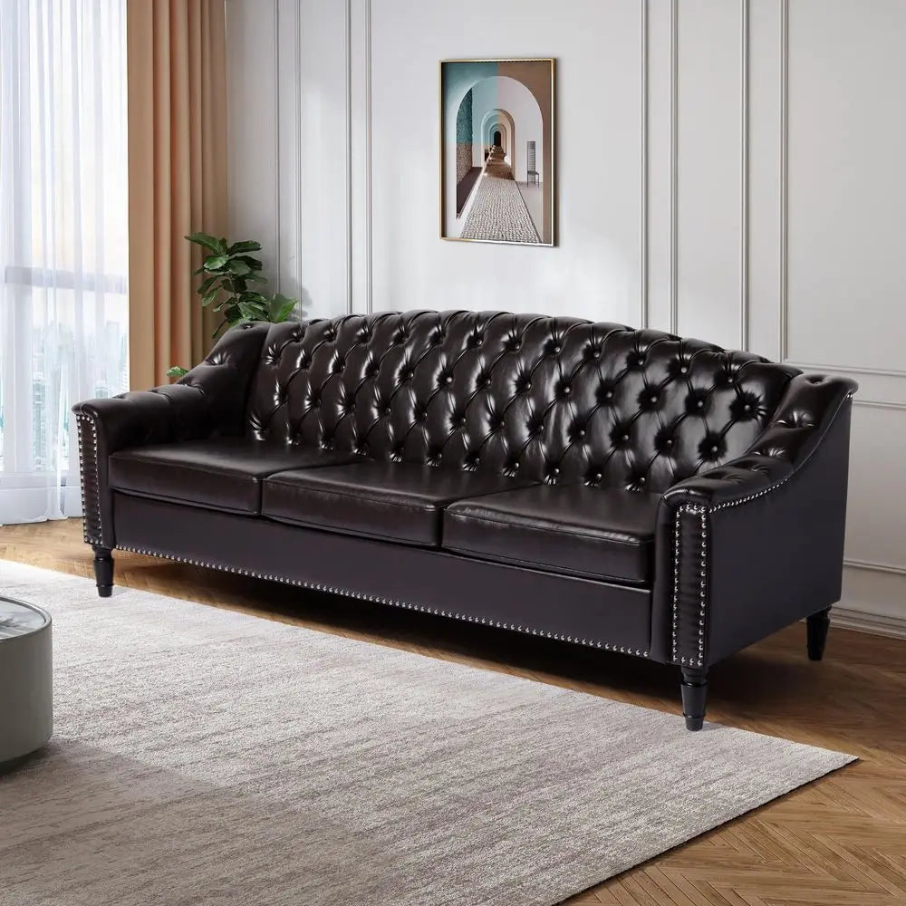 Leather Couch, 80IN, High Back, Chesterfield Sofa Sleeper Settee, Solid Wood Leg