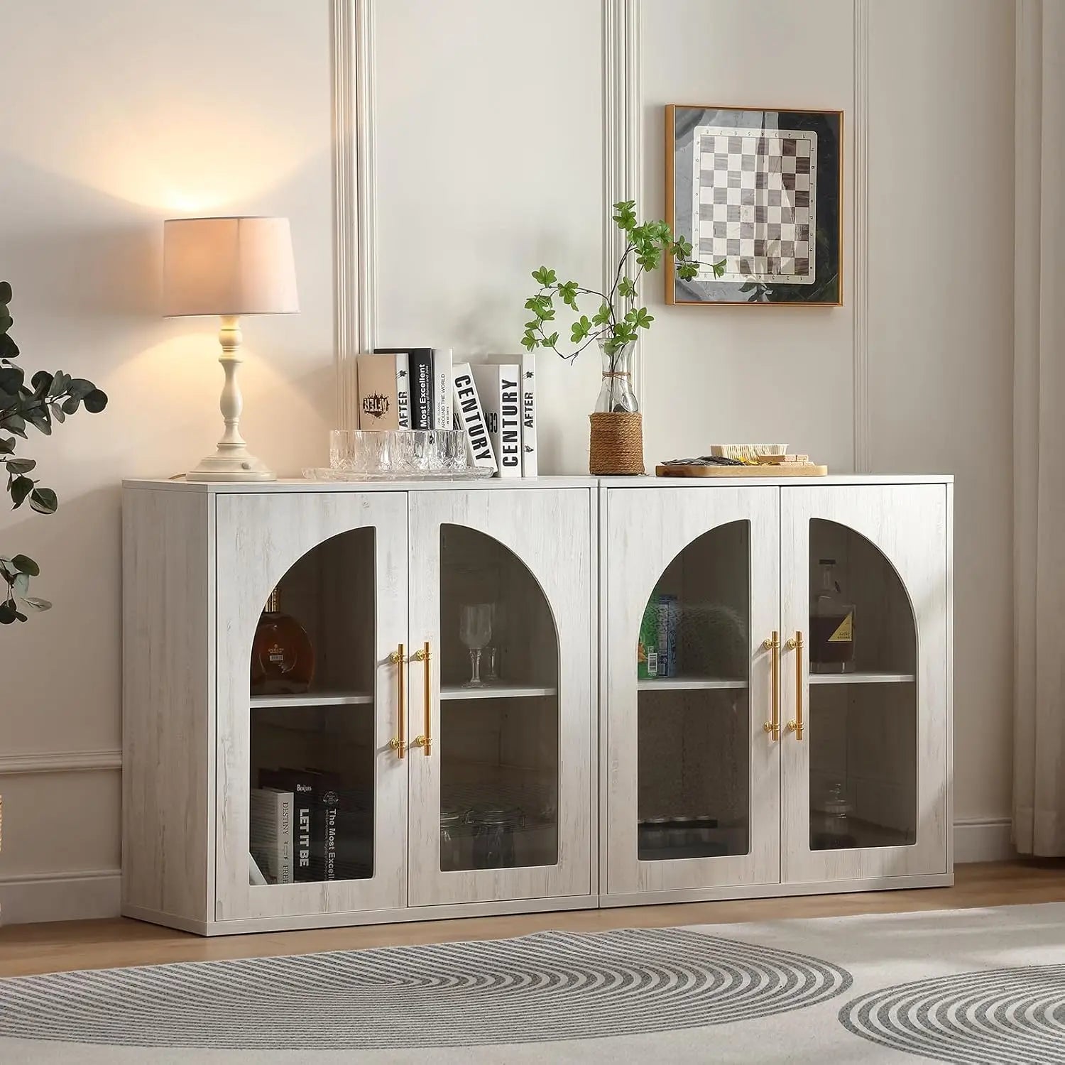 63" Set of 2 Small Buffet Cabinets Arched Glass Doors