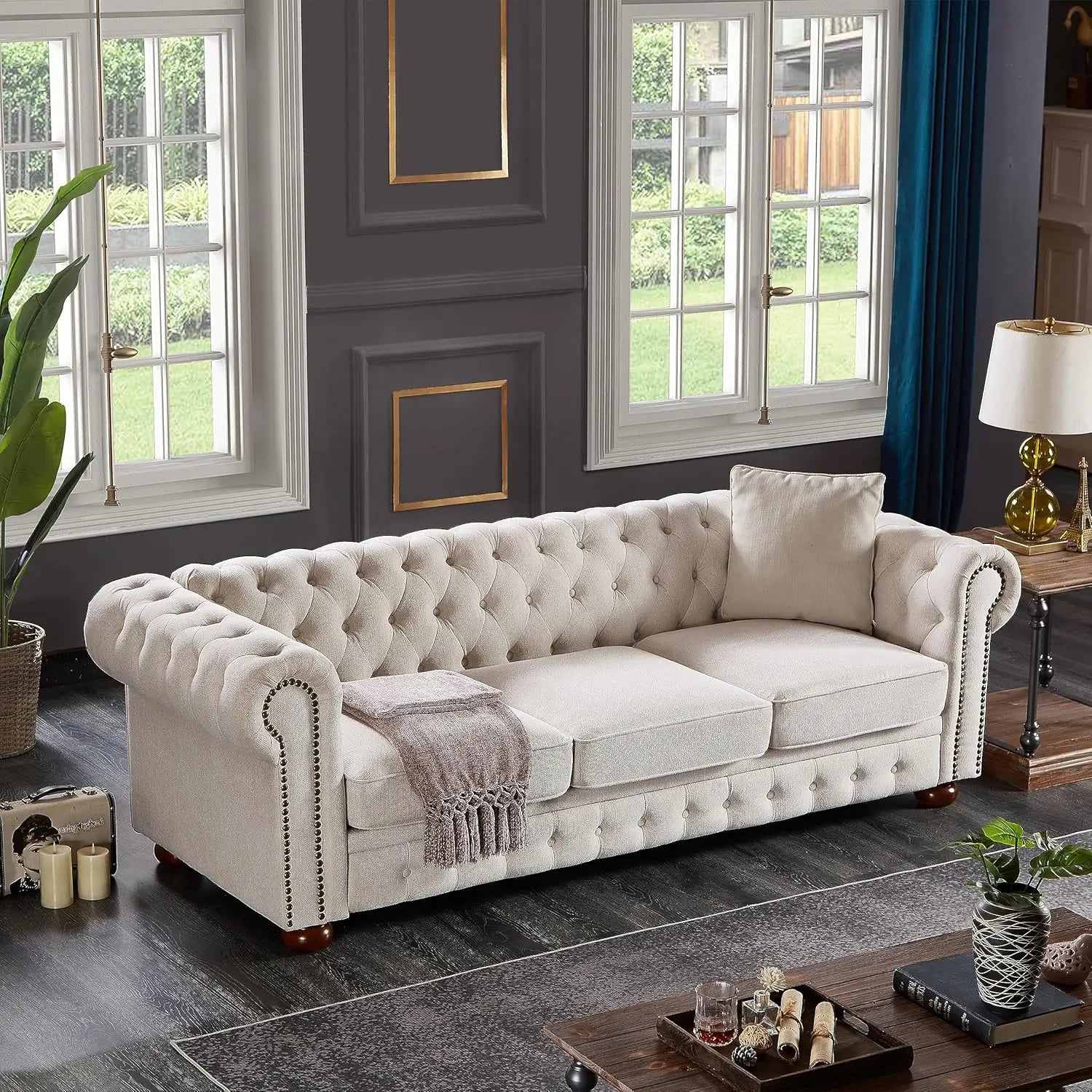 89" Leather Sofa Low Back Roll Arm Nail Head Trim 3-Seat