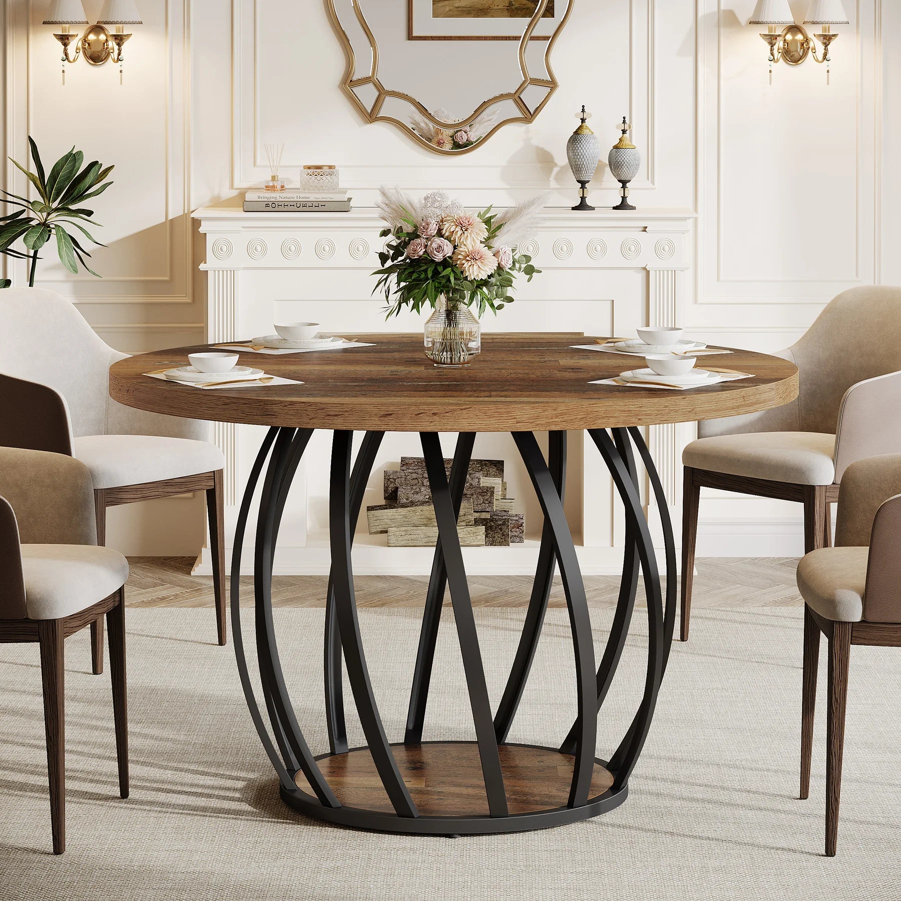Dining Table, 46IN Round Wood Table, Sturdy Metal Base for 4-6