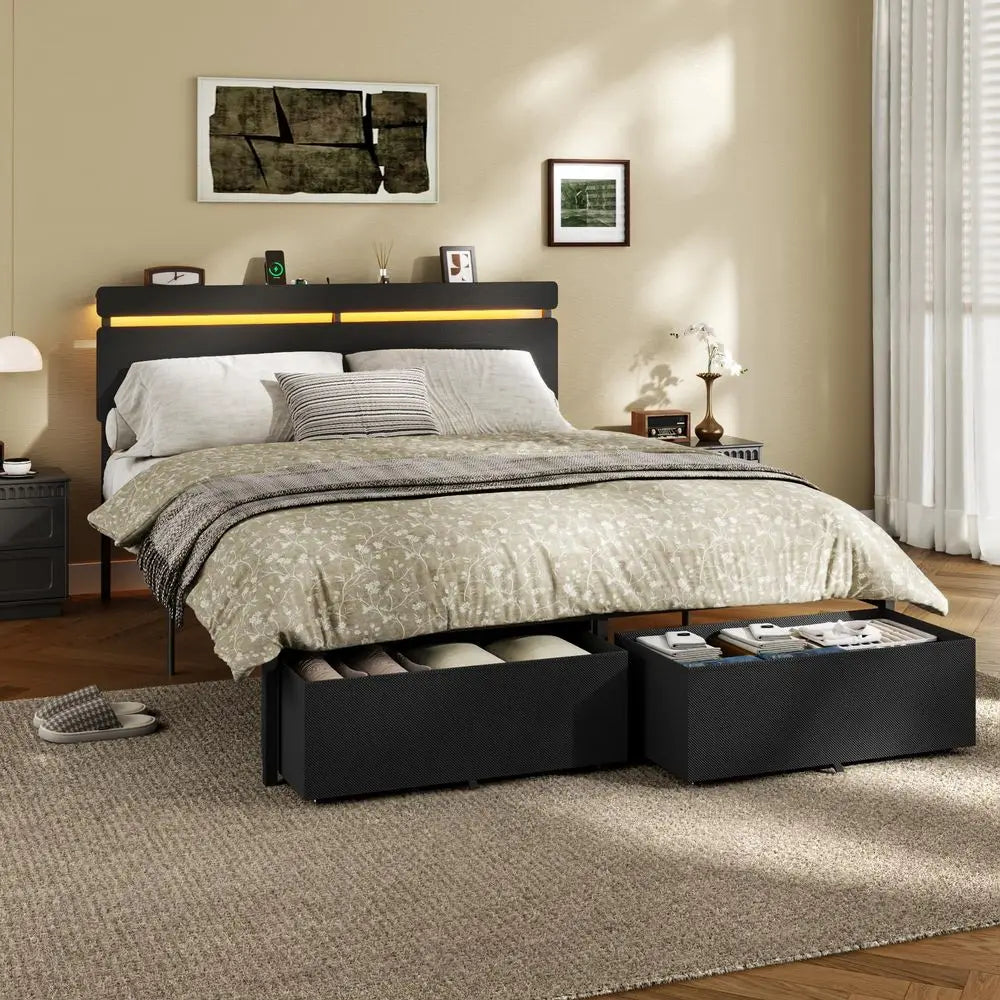 Queen Bed LED Light Headboard Black Platform 2-Drawers Charging Station