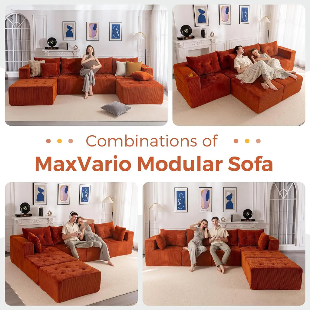 129.5" U Shaped Sectional, 2 Ottomans, Tufted Cloud 6 Seat Sleeper