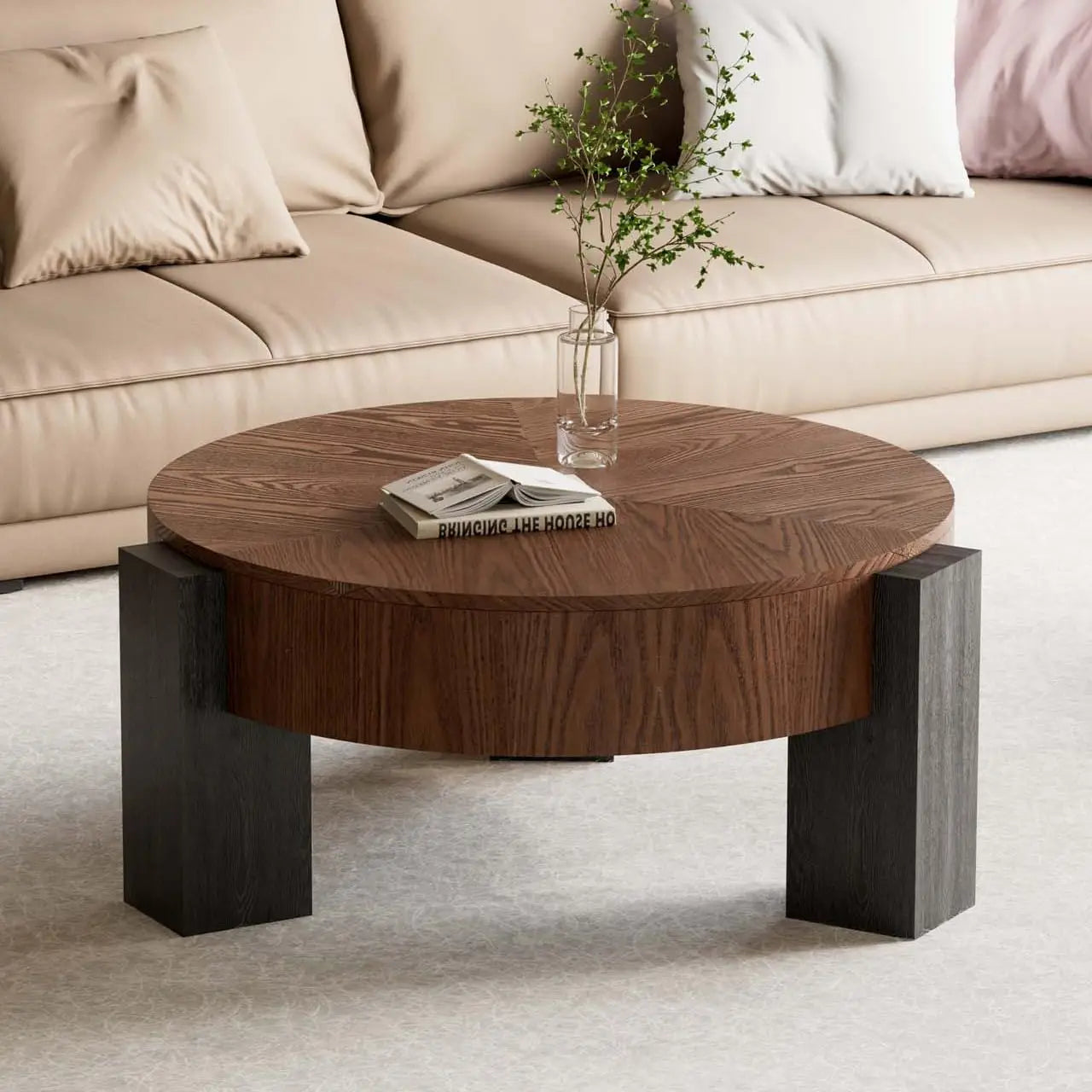 Modern Wabi-Sabi Style Circle Coffee Table Hidden Storage  Wood Center