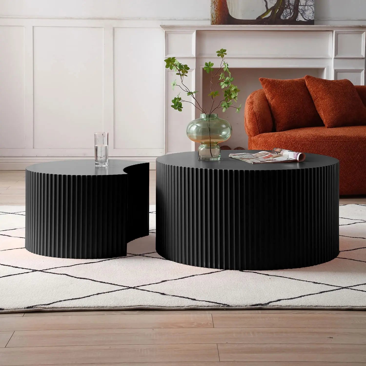 47.25" Round Wood Drum Coffee Table Set 2 No Assembly