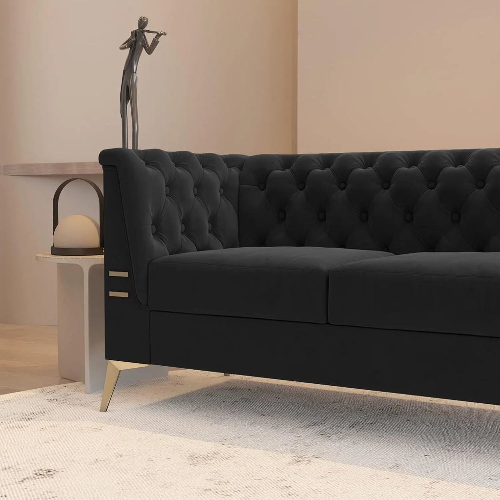 Velvet Chesterfield, Black 82" Sofa, Gold Metal Legs