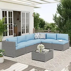 7-Piece Patio Sofa Black Rattan Wicker, Glass Top Table, Cushions