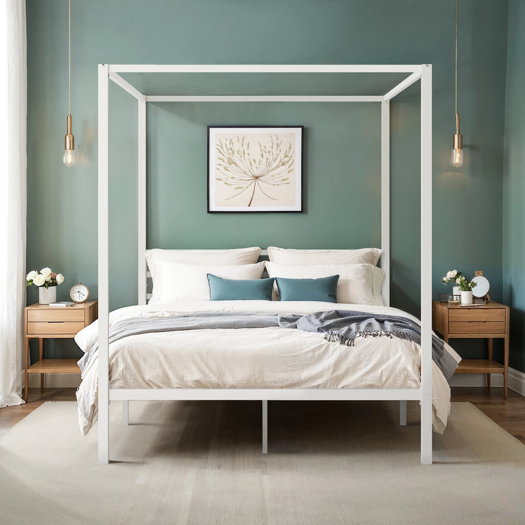 Canopy Bed Frame Enhanced 4-Poster 3-Metal Crossbar, No Box Spring Needed