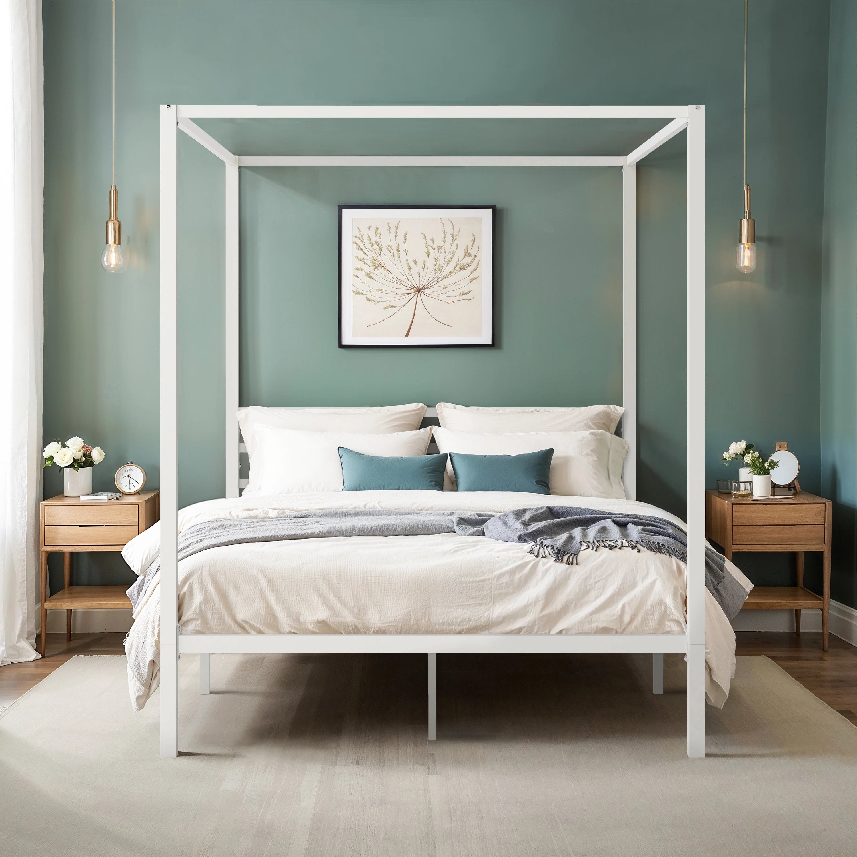 Canopy Bed Frame Enhanced 4-Poster 3-Metal Crossbar, No Box Spring Needed