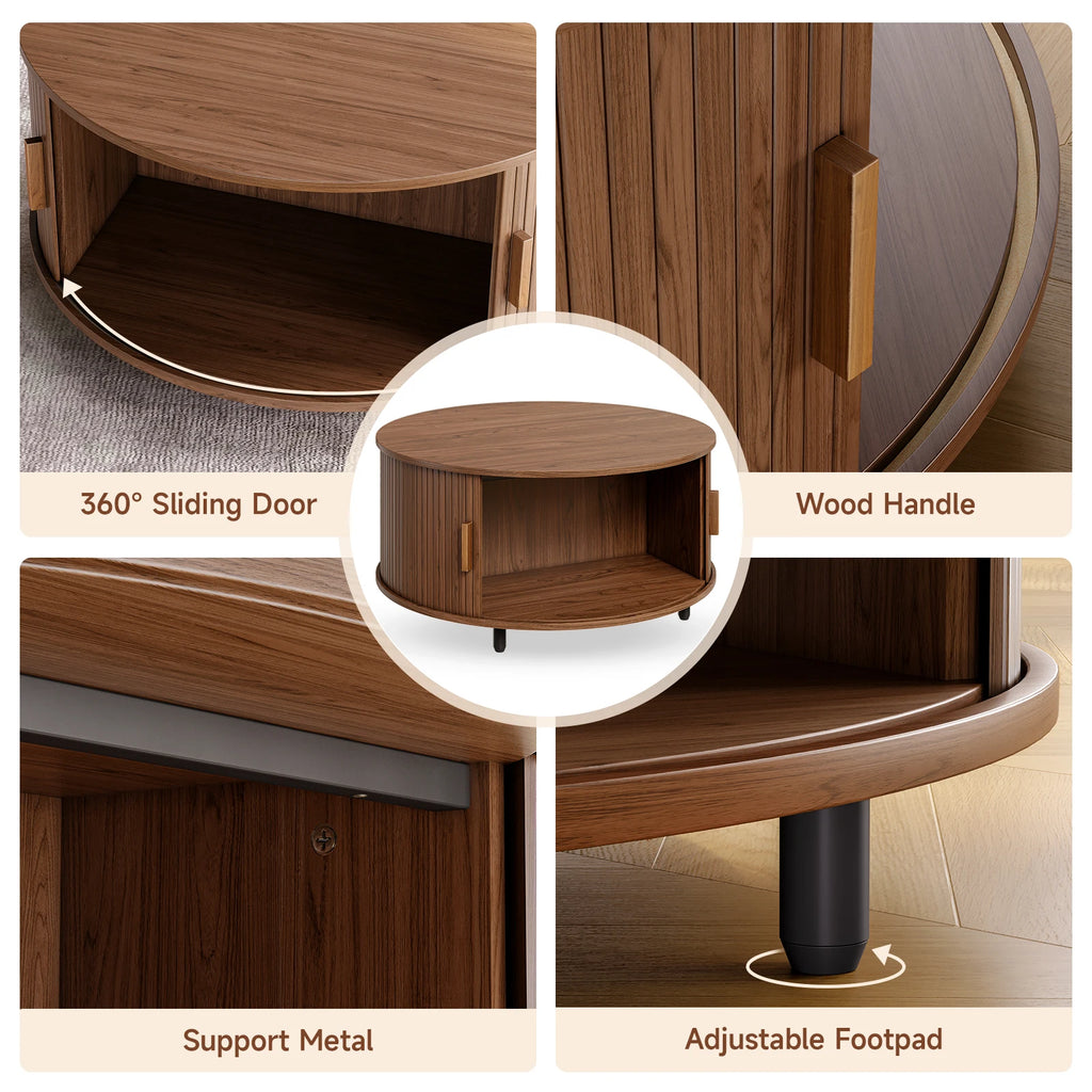 31.5" Round Coffee Table Storage 360° Curved Sliding Door, Fluted