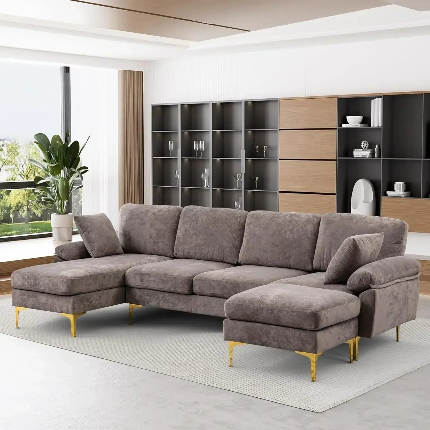 Velvet U-Shaped Convertible To L-Shaped Sectional 4 Seat Sofa