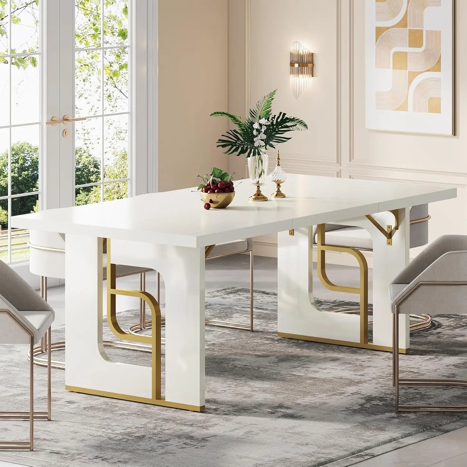 71'' Dining Table Seats 6-8, Metal Legs, Beige Gold, Black