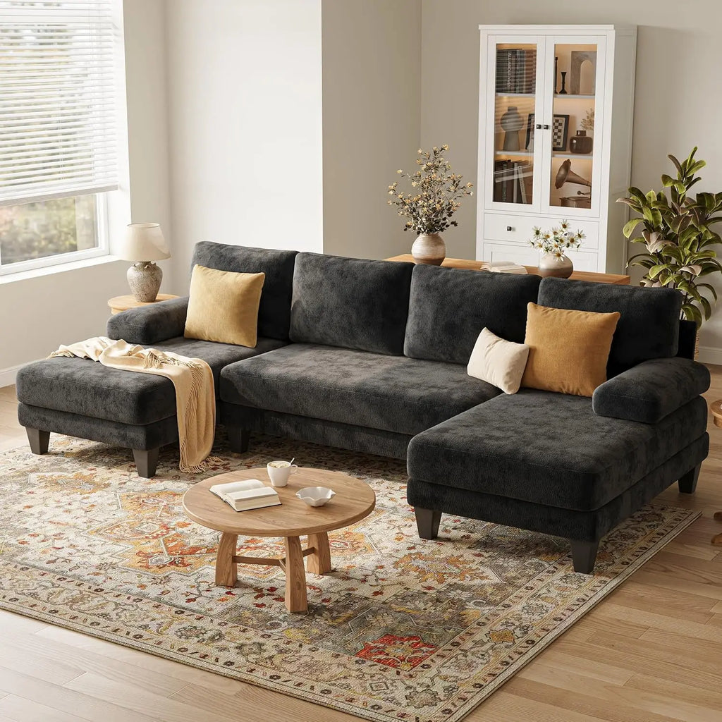 U-Shaped Sectional Couch | Chenille Sofa Double Chaise | 112IN