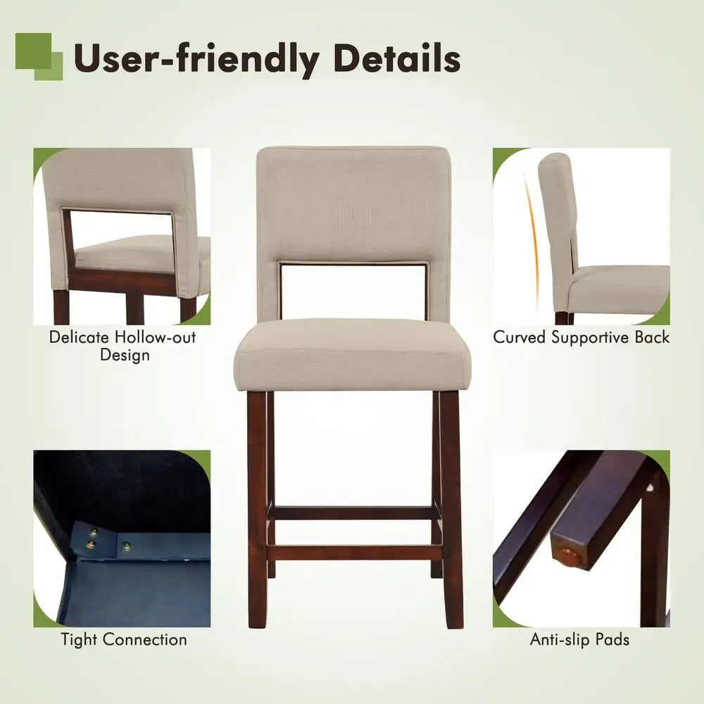 2 - Linen 24.5IN Counter Height Chairs, Hollowed Backs, Rubber Wood Legs