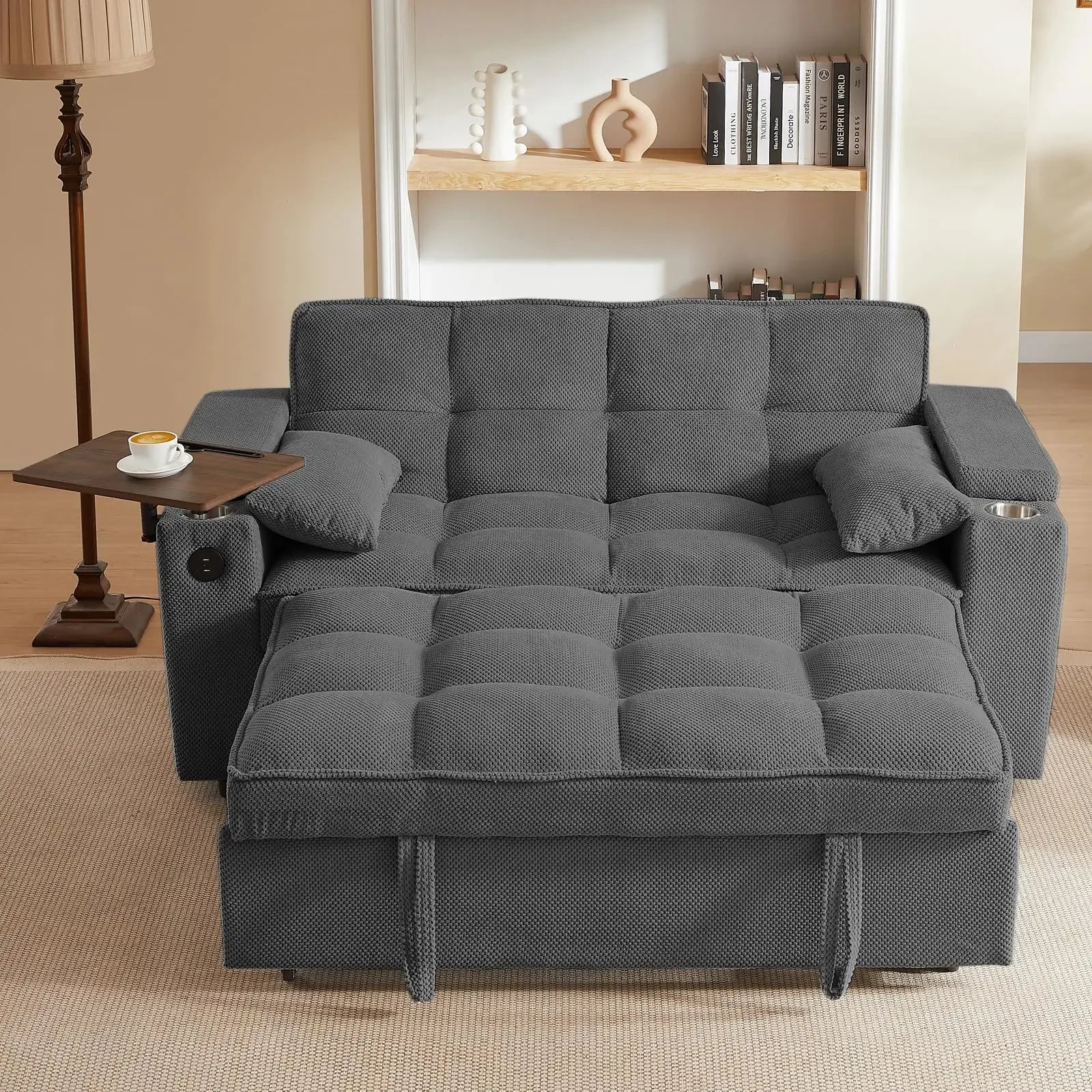 65'' 3-in-1 Folding, Pullout, Convertible Sofa Bed, 360° Swivel Side Table