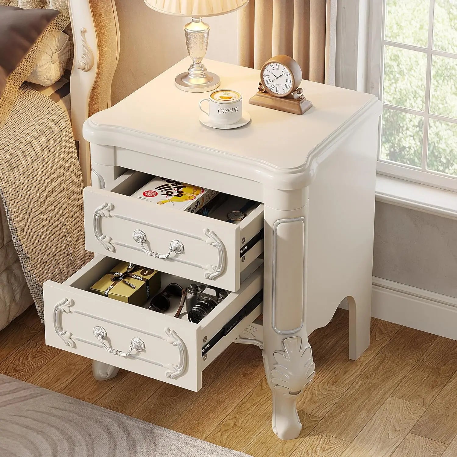 White Nightstand, End Table 2-Drawers Carved Side Table