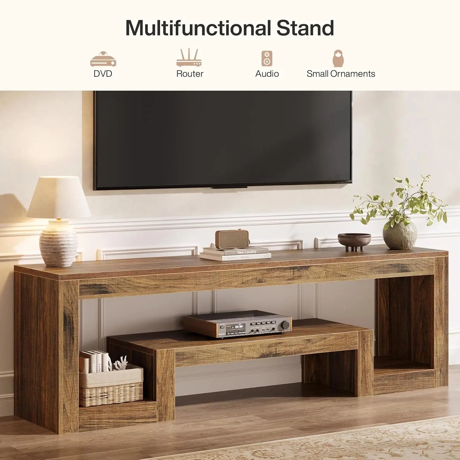 63IN Wood TV Stand Entertainment Center Open Storage Shelves