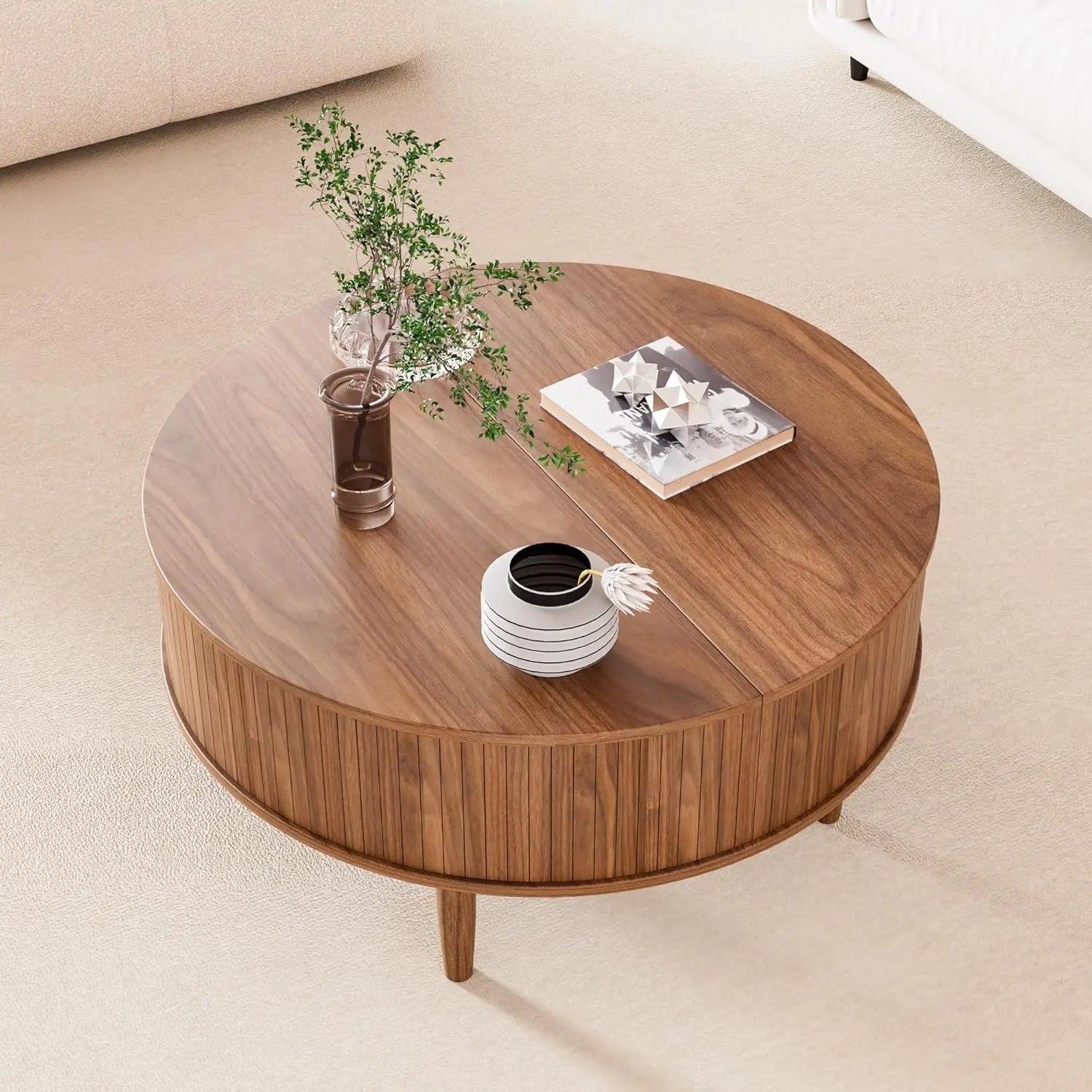 Round Fluted Lift Top Coffee Table, Storage 31.5inch Walnut
