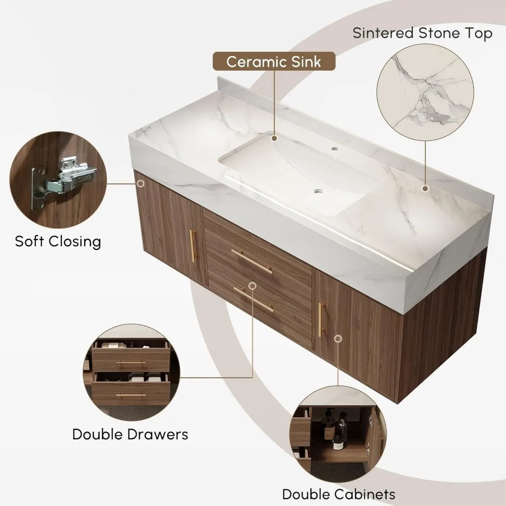 Floating Vanity, Sintered Stone Sink, 2 Drawers, 2 Walnut Doors
