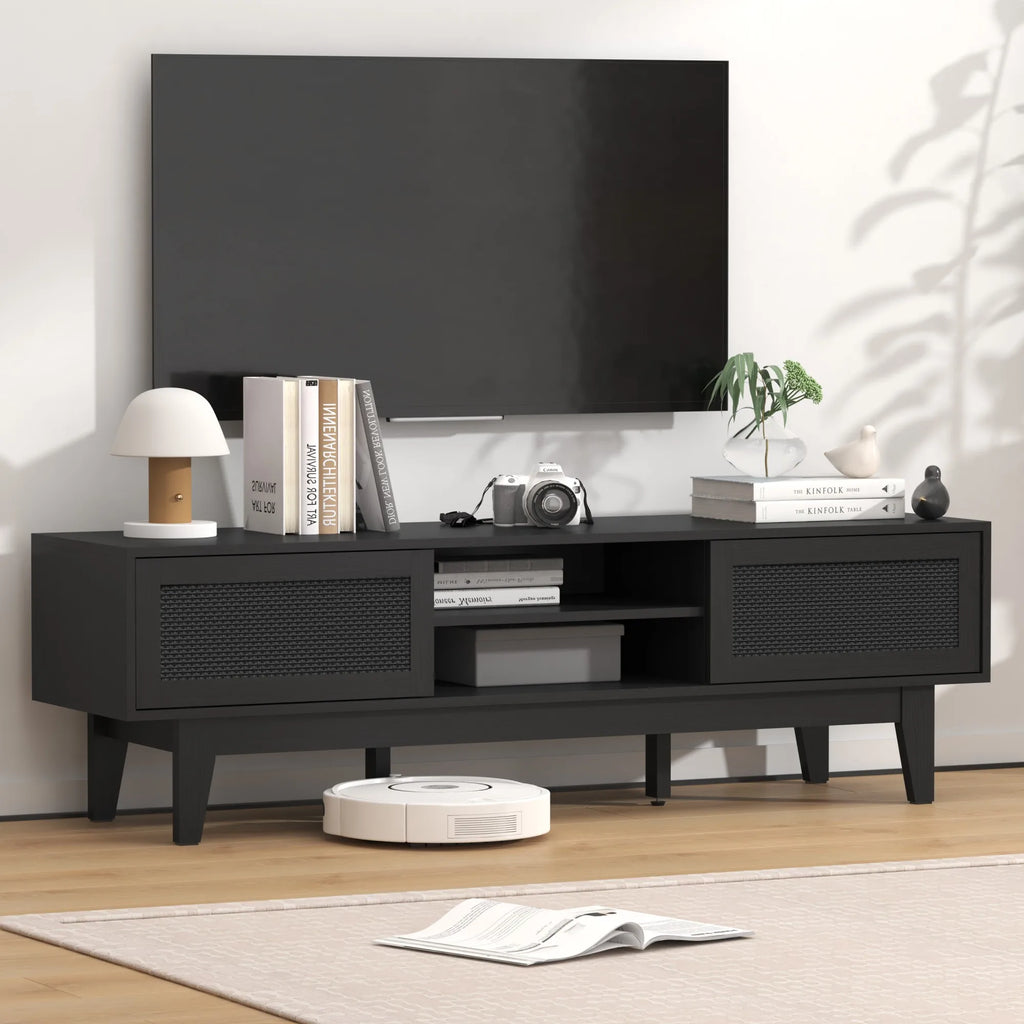 Entertainment Center for 55 65 Inch TV, Rattan, Shelves, Cabinets Sliding Doors