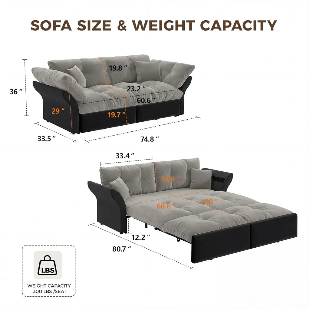 74.8" 3-in-1 Queen Velvet Convertible Pull-Out Sofa Bed, Pockets