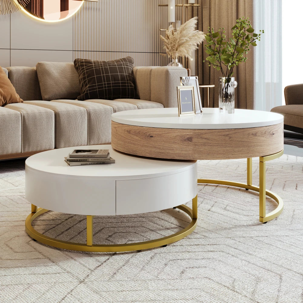 Height-adjustable Nesting Coffee Table Hydraulic Lift Function, Two Drawers