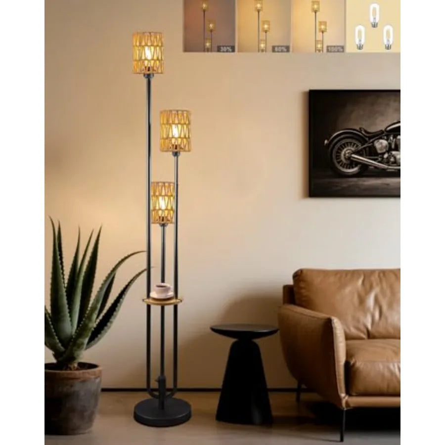 Dimmable Boho Floor Lamps, 3-Lights Rattan Floor Lamp w/Shelves, Black Stand