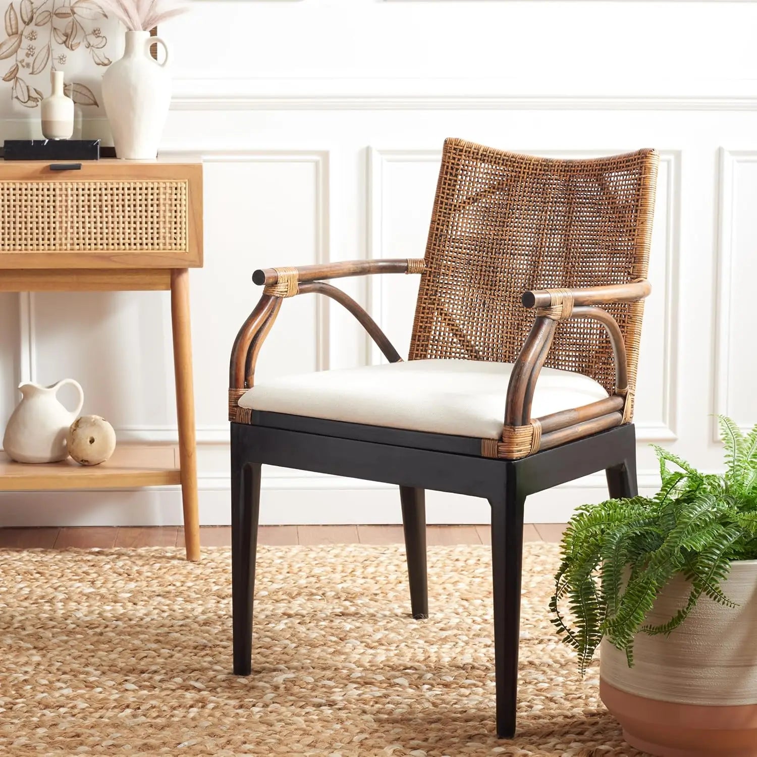 Brown & Black Solid Wood Rattan Arm Chair, Tropical Seating