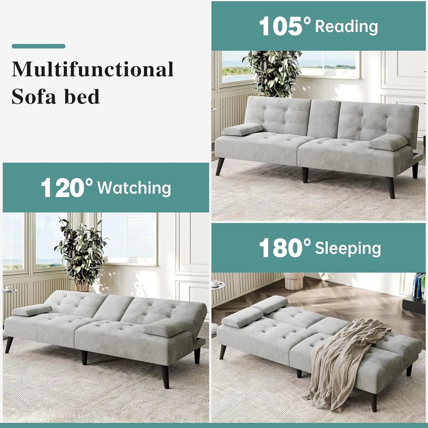 64IN Futon Bed, 2-Cup Holders, 3 Adjustable Angle,  Removable Parts