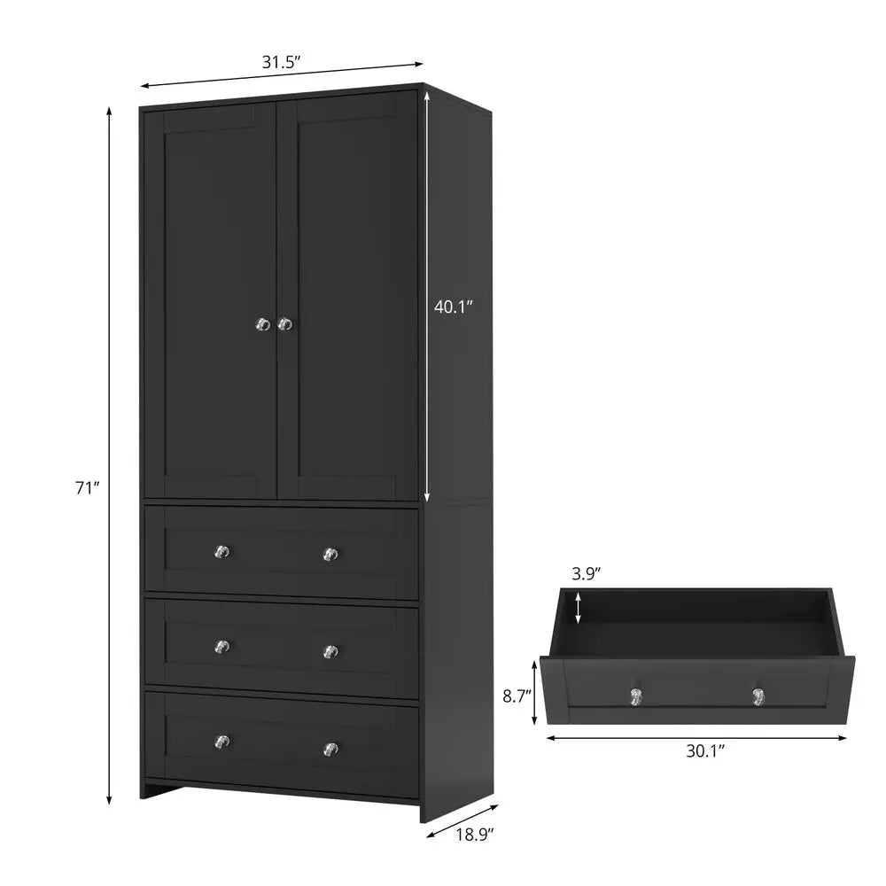 71" Armoire Wardrobe Mirror 2-Door Hanging Rod 3-Drawer