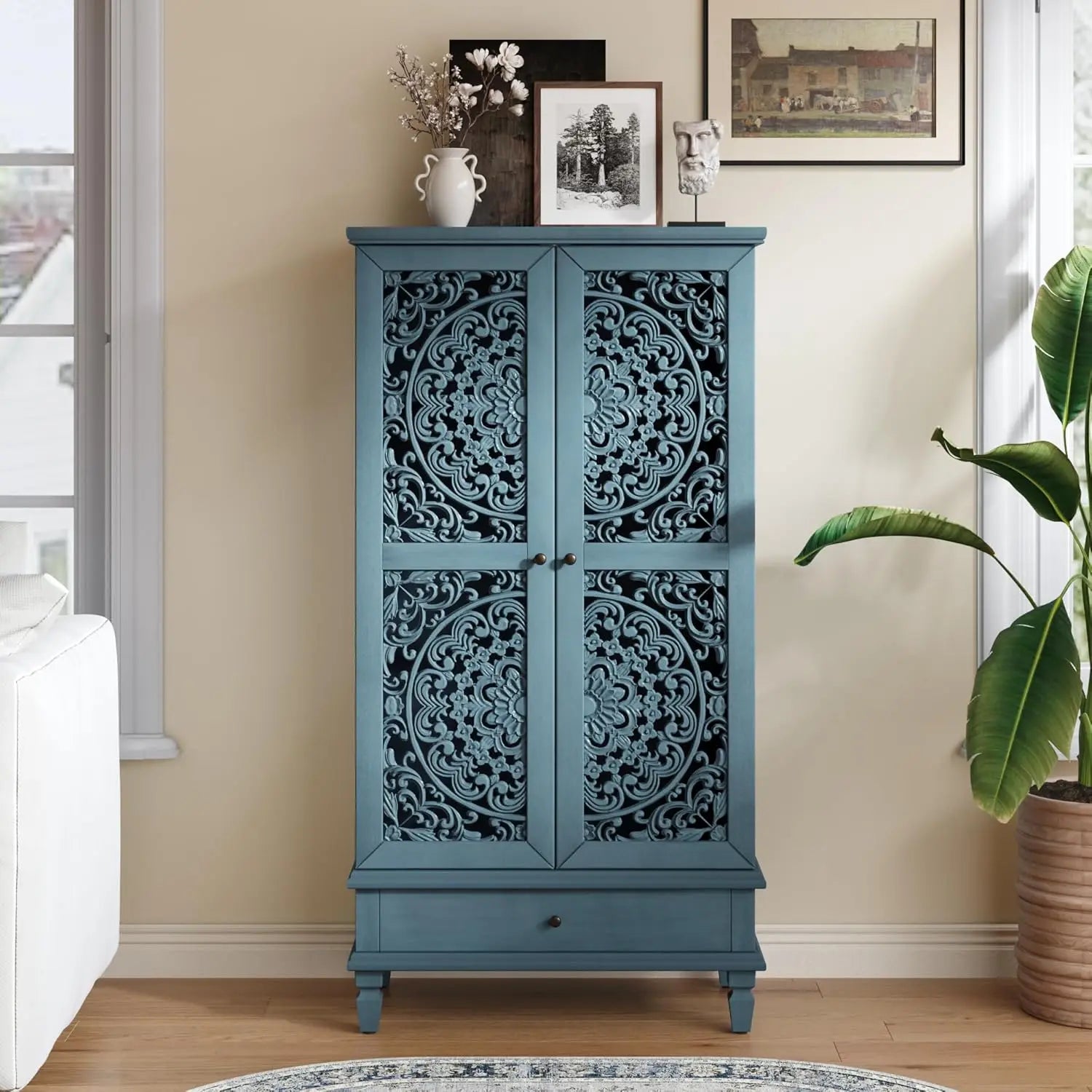 60" Blue Sideboard Buffet 4-Door Hollow Storage Shelf Vintage Console