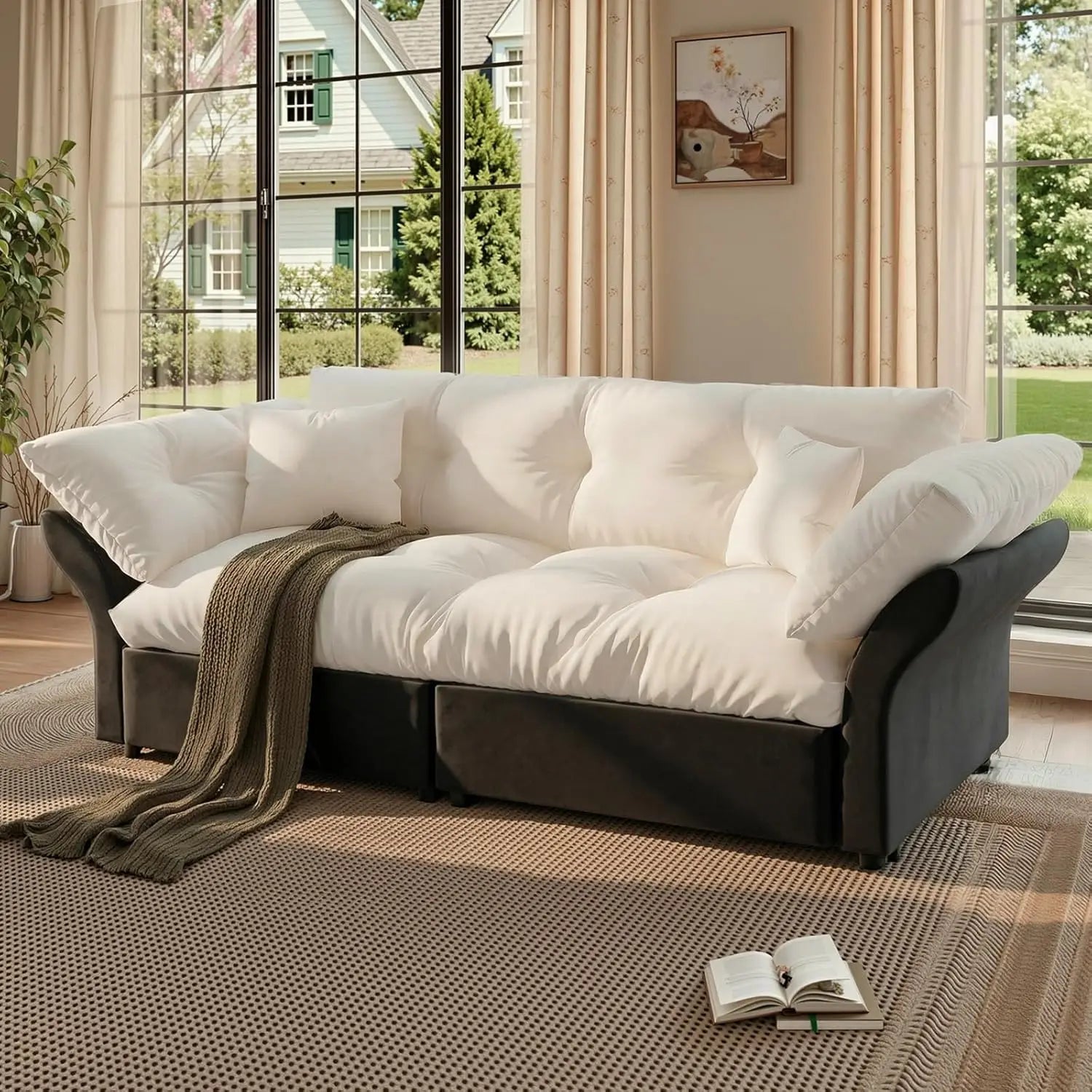 74.8" 3-in-1 Queen Velvet Convertible Pull-Out Sofa Bed, Pockets