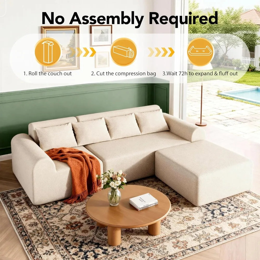 Cloud Boneless Sectional L-Shape 4-Seat Couch Ottoman 4 Pillows