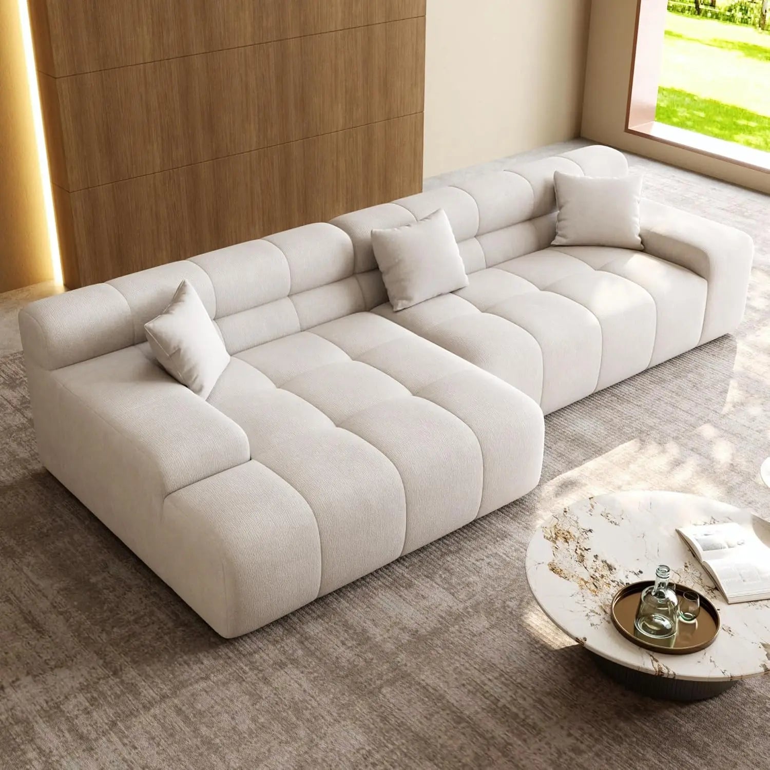 120" Tufted L-Shape Sectional Sofa Deep Seat Oversized Chaise, White