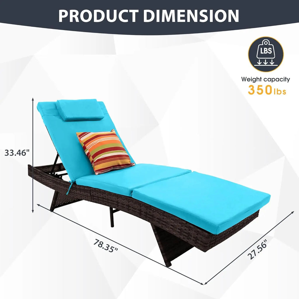 2 Chaise Wicker Patio Lounge Chairs, Adjustable Recliner Cushions & Pillows