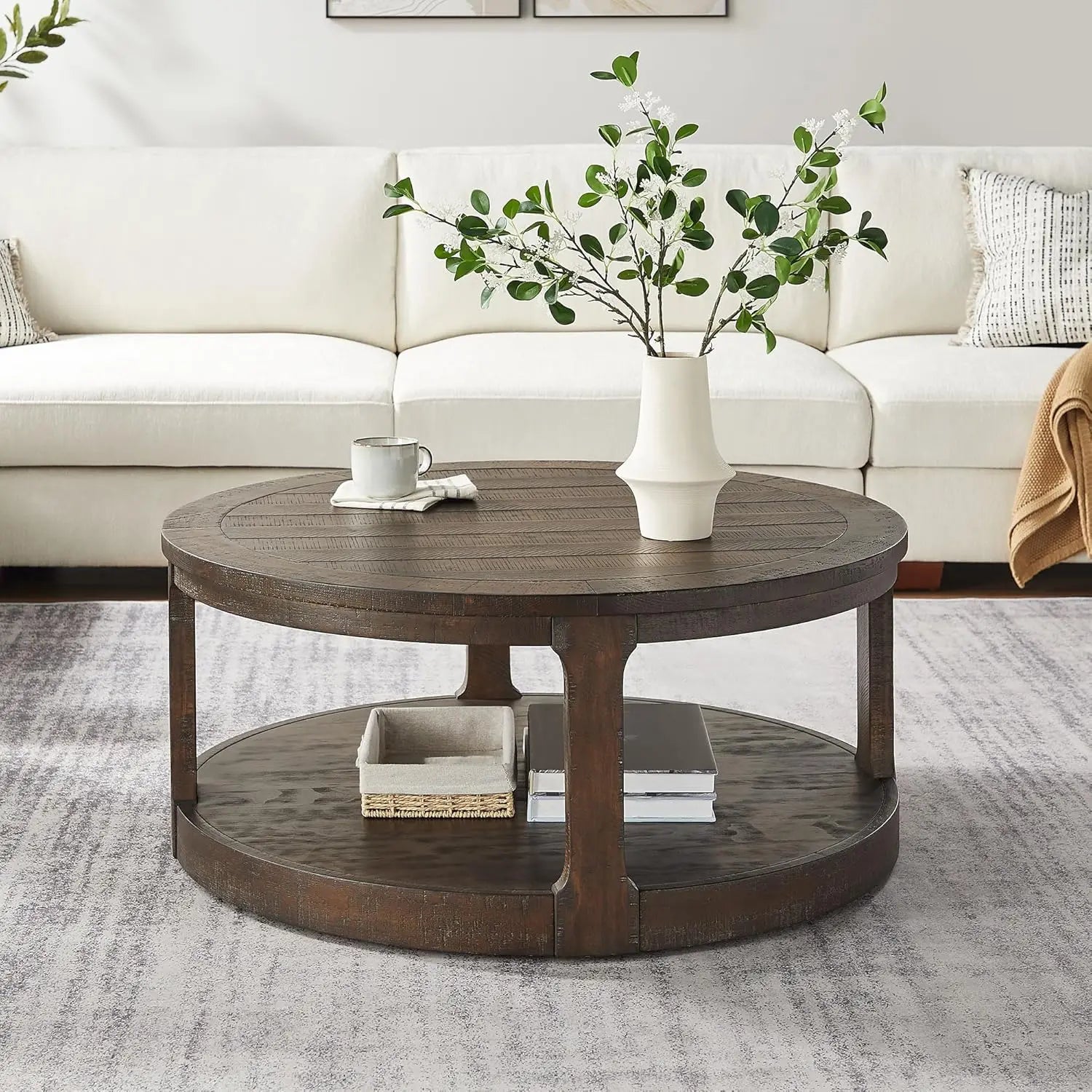 Rustic 35.98'' Round Wood Pedestal Coffee Tables